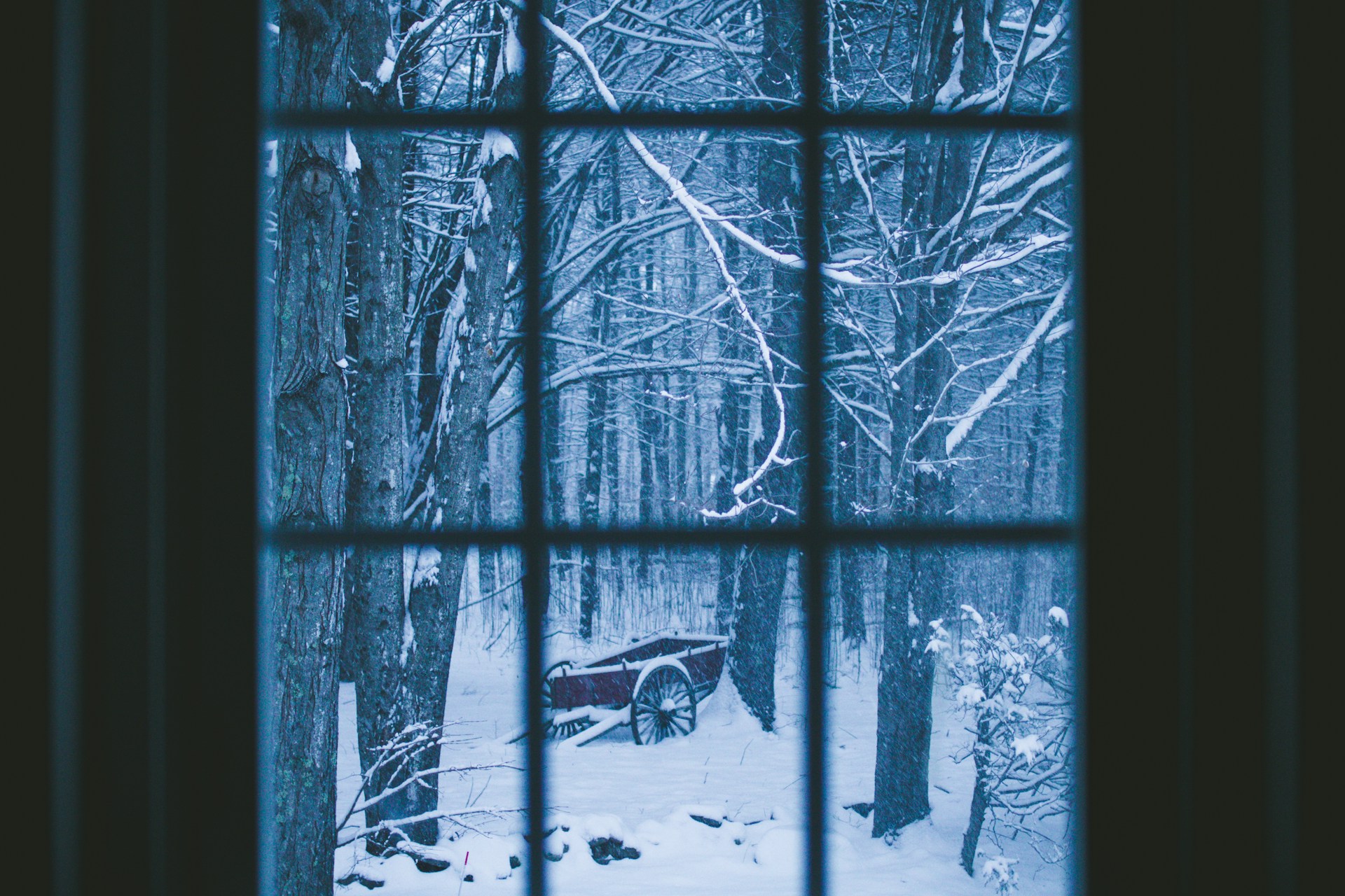 Forêt enneigée avec une vieille charrette rouge vue à travers une fenêtre – ambiance hivernale calme symbolisant le blues de l’hiver