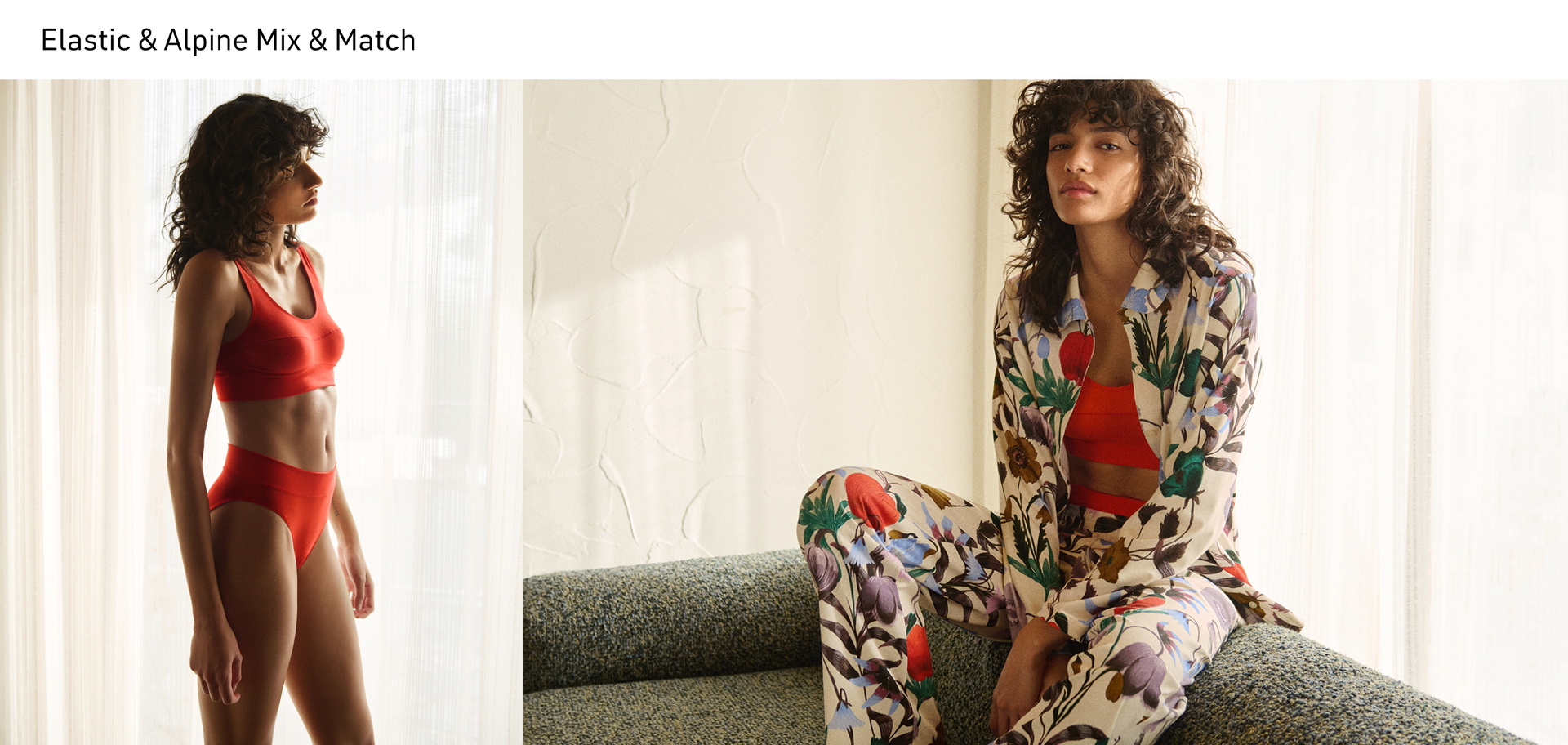 Collage: On the left, the model is wearing a button-through pyjama from the Alpine M&M series featuring a floral pattern with vibrant colour accents. Underneath, she wears an Elastic bustier with matching briefs in grenadine red. On the right, the Elastic set takes centre stage.