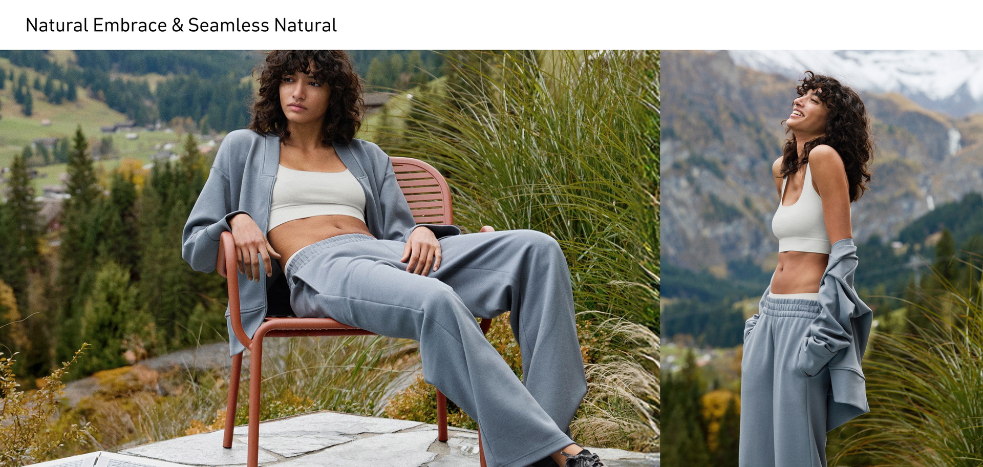 The model is wearing a lounge set consisting of a jacket and sweatpants with pockets from the Natural Embrace series in grey, paired with a white bustier from the Seamless Natural series.