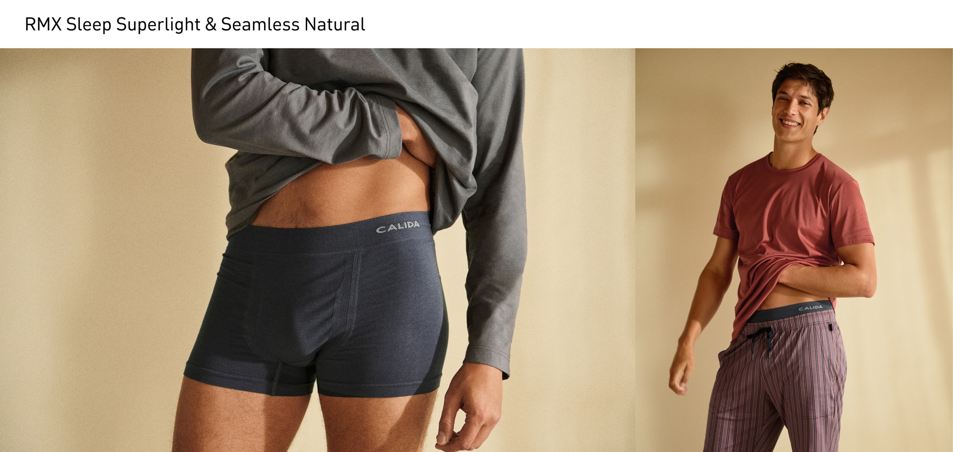 Collage: On the left, the Seamless Natural boxer briefs with a sporty soft waistband take centre stage. On the right, the model is wearing a short-sleeved pyjama set from the RMX Sleep Superlight series with Bermuda shorts featuring a subtle striped design.