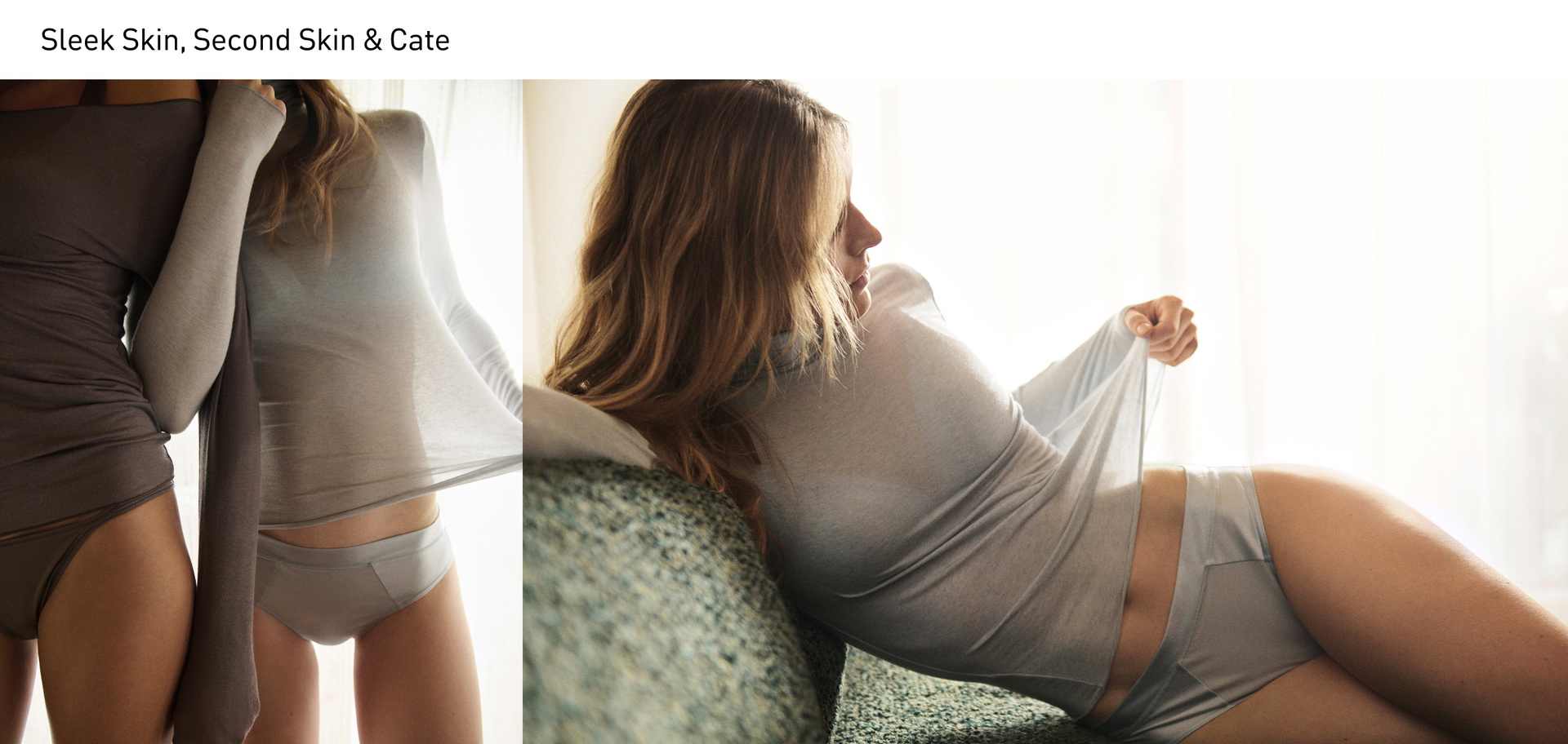 Collage: Two models are wearing the semi-sheer long-sleeved top from the Second Skin series in brown and blue, paired with underwear from the Sleek Skin and Cate series. On the right, the Second Skin top and the Cate set take centre stage.