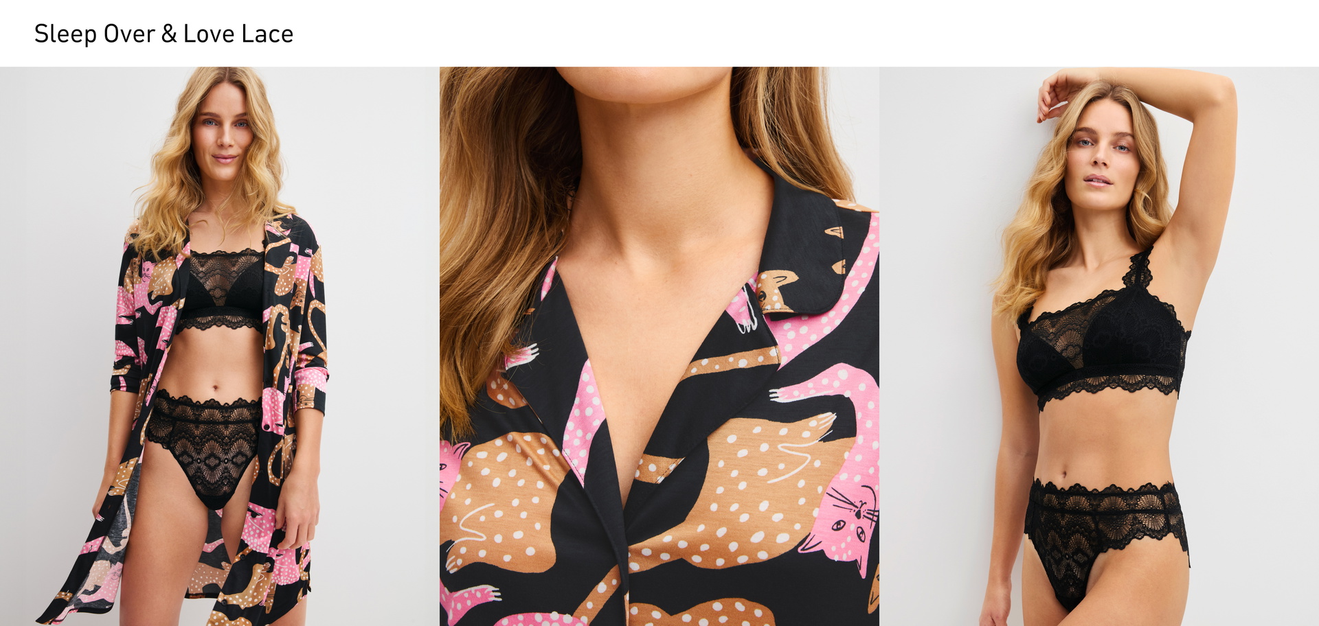 Collage: On the right, a long-sleeved nightdress from the Sleep Over M&M series with a cat motif, paired with a high-waist brief and a bustier from the Love Lace series. On the left, the Love Lace set is shown, while the cat motif takes centre stage in the middle.