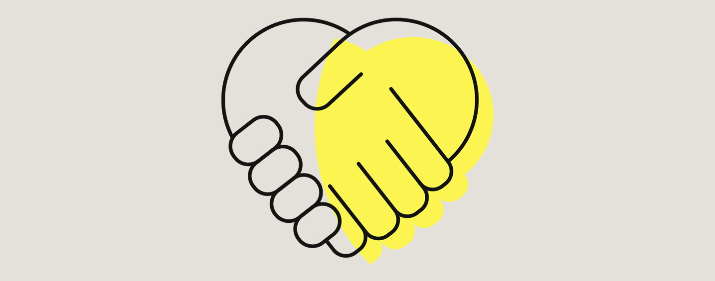 A yellow symbol with a handshake